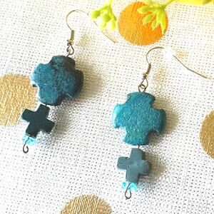 Turquoise Earrings Cross Crystals Southwest Cowgirl Aztec Western Bohemian Glam